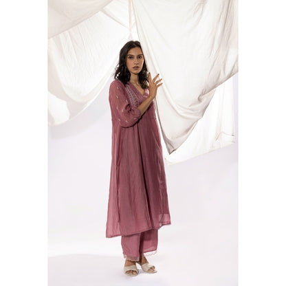 PANTS AND PAJAMAS Mauve Chanderi Mull Chikan Kurta with Pant (Set of 2)