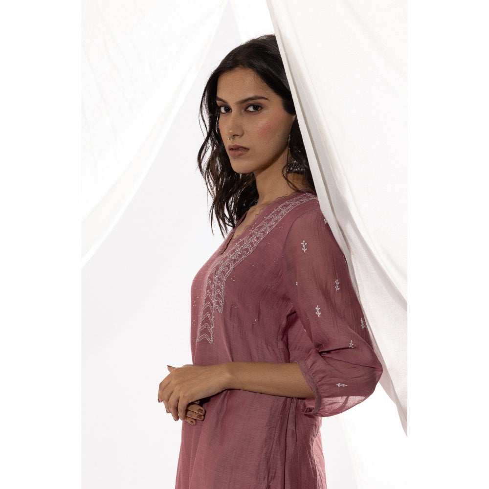 PANTS AND PAJAMAS Mauve Chanderi Mull Chikan Kurta