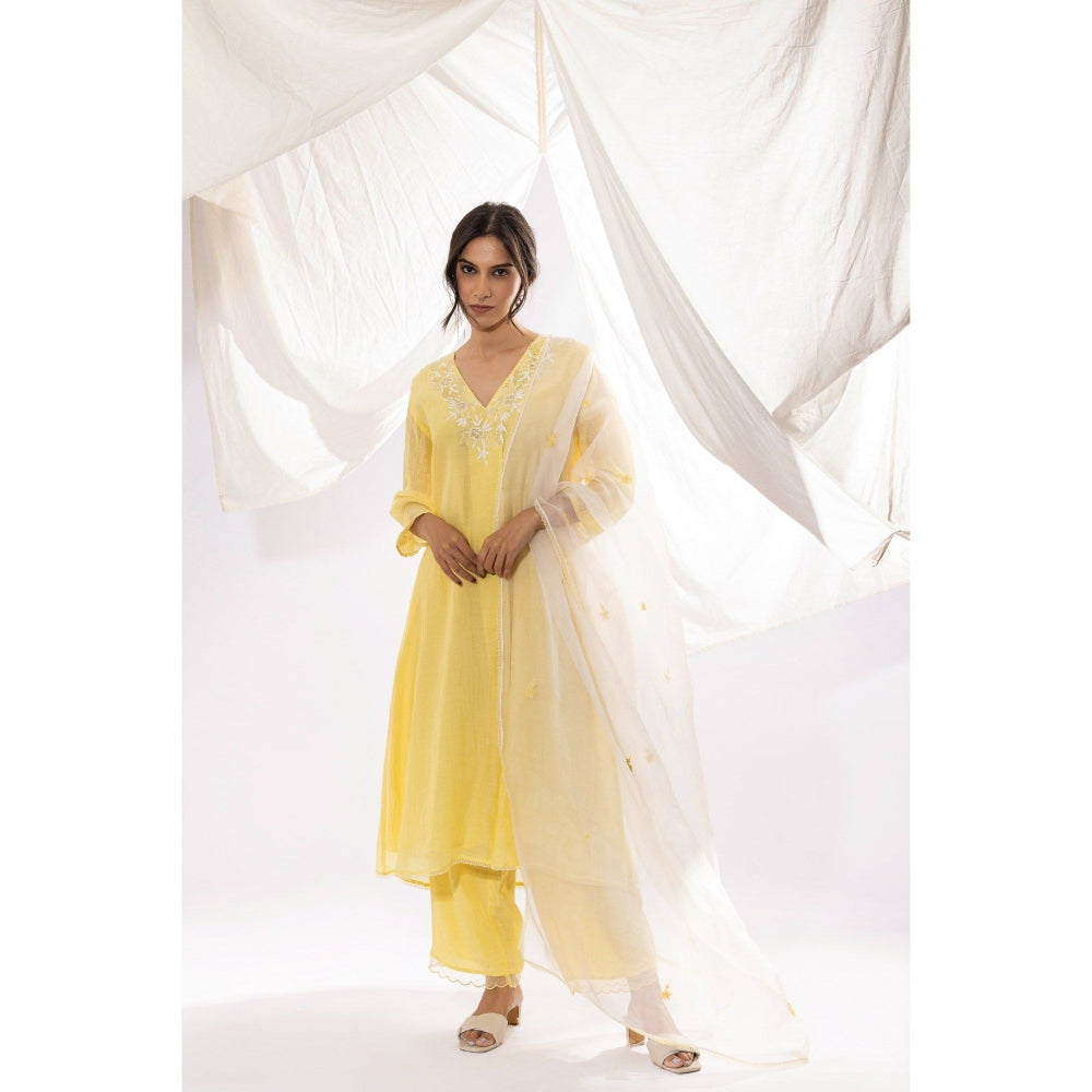 PANTS AND PAJAMAS Light Yellow Chanderi Mull Chikan Kurta with Pant & Dupatta (Set of 3)