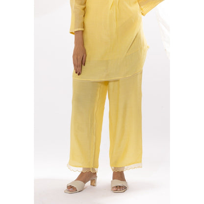 PANTS AND PAJAMAS Light Yellow Chanderi Mull Chikan Kurta with Pant & Dupatta (Set of 3)