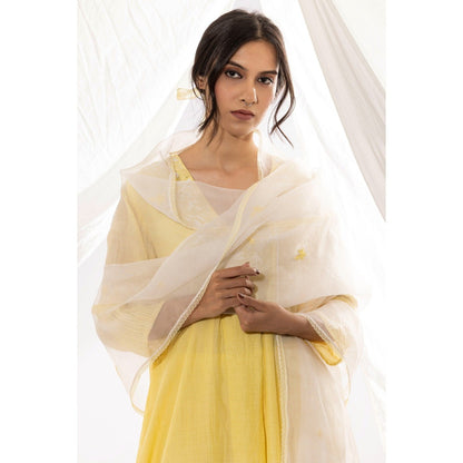 PANTS AND PAJAMAS Light Yellow Chanderi Mull Chikan Kurta with Pant & Dupatta (Set of 3)