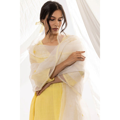 PANTS AND PAJAMAS Light Yellow Chanderi Mull Chikan Kurta with Pant & Dupatta (Set of 3)