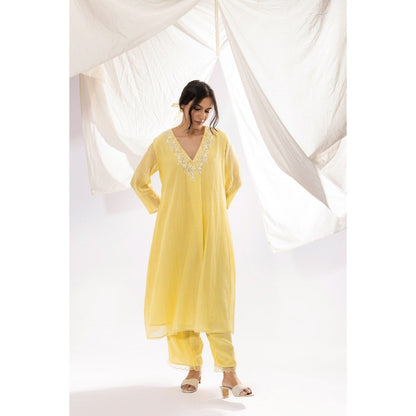 PANTS AND PAJAMAS Light Yellow Chanderi Mull Chikan Kurta with Pant (Set of 2)