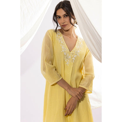 PANTS AND PAJAMAS Light Yellow Chanderi Mull Chikan Kurta with Pant (Set of 2)