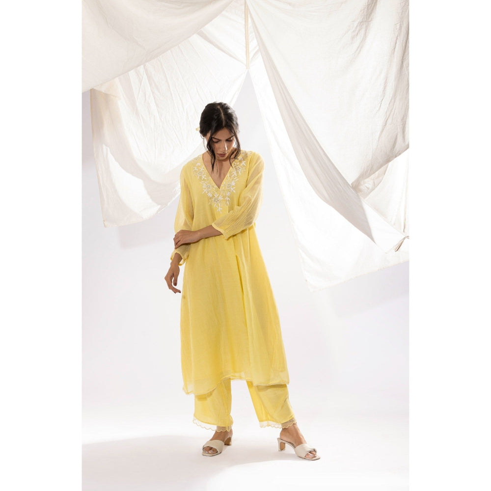 PANTS AND PAJAMAS Light Yellow Chanderi Mull Chikan Kurta