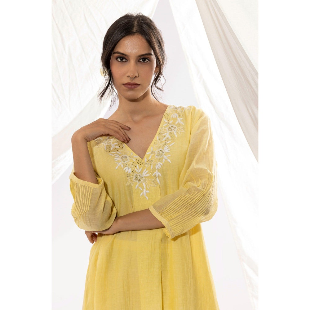 PANTS AND PAJAMAS Light Yellow Chanderi Mull Chikan Kurta