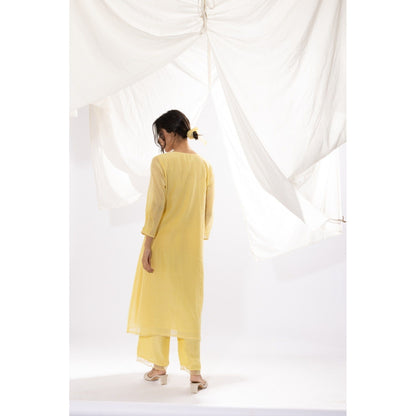 PANTS AND PAJAMAS Light Yellow Chanderi Mull Chikan Kurta