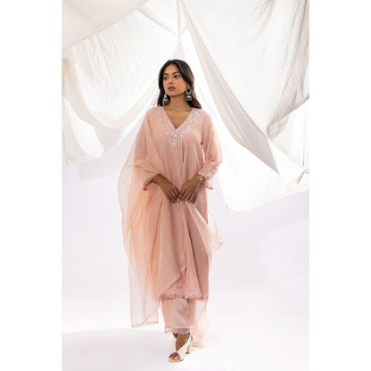 PANTS AND PAJAMAS Blush Pink Chanderi Mull Chikan Kurta with Pant & Dupatta (Set of 3)