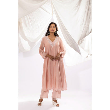 PANTS AND PAJAMAS Blush Pink Chanderi Mull Chikan Kurta with Pant & Dupatta (Set of 3)