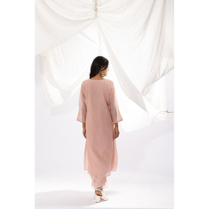 PANTS AND PAJAMAS Blush Pink Chanderi Mull Chikan Kurta with Pant & Dupatta (Set of 3)