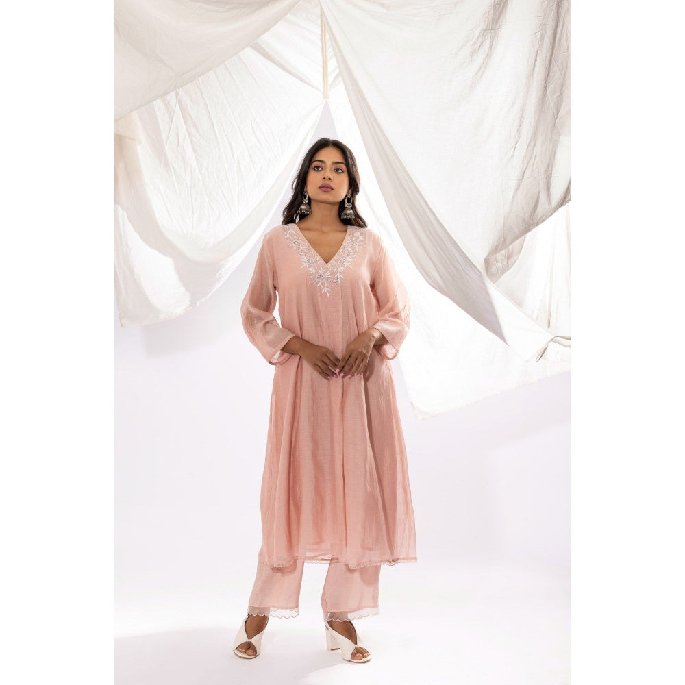 PANTS AND PAJAMAS Blush Pink Chanderi Mull Chikan Kurta