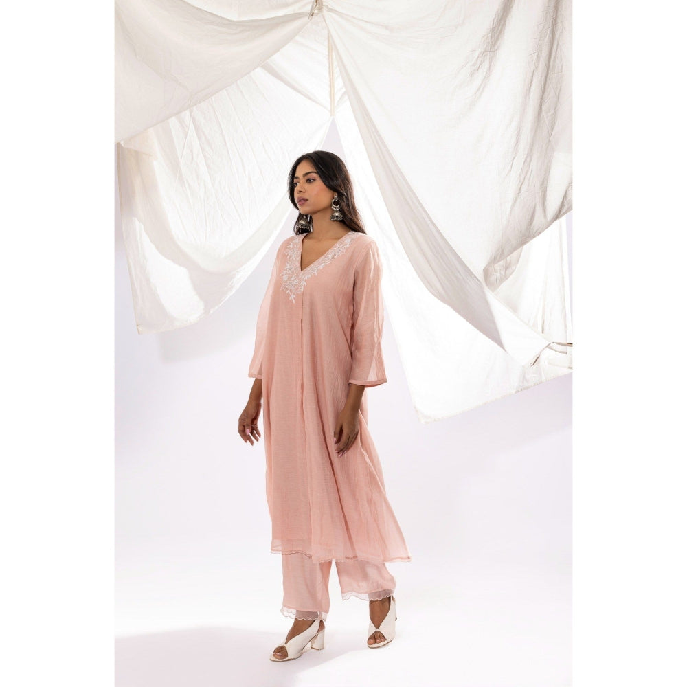 PANTS AND PAJAMAS Blush Pink Chanderi Mull Chikan Kurta