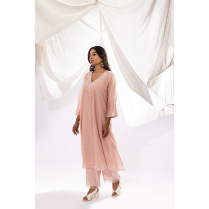 PANTS AND PAJAMAS Blush Pink Chanderi Mull Chikan Kurta