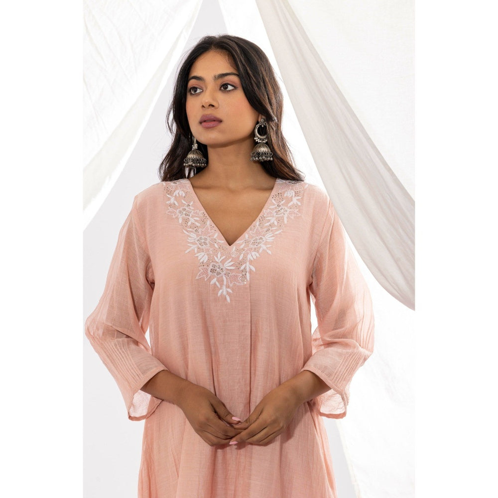 PANTS AND PAJAMAS Blush Pink Chanderi Mull Chikan Kurta