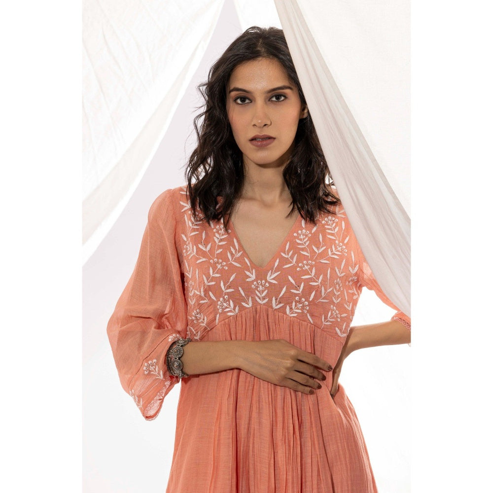 PANTS AND PAJAMAS Peach Chanderi Mull Chikan Kurta with Pant & Dupatta (Set of 3)