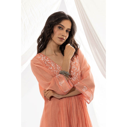 PANTS AND PAJAMAS Peach Chanderi Mull Chikan Kurta with Pant & Dupatta (Set of 3)