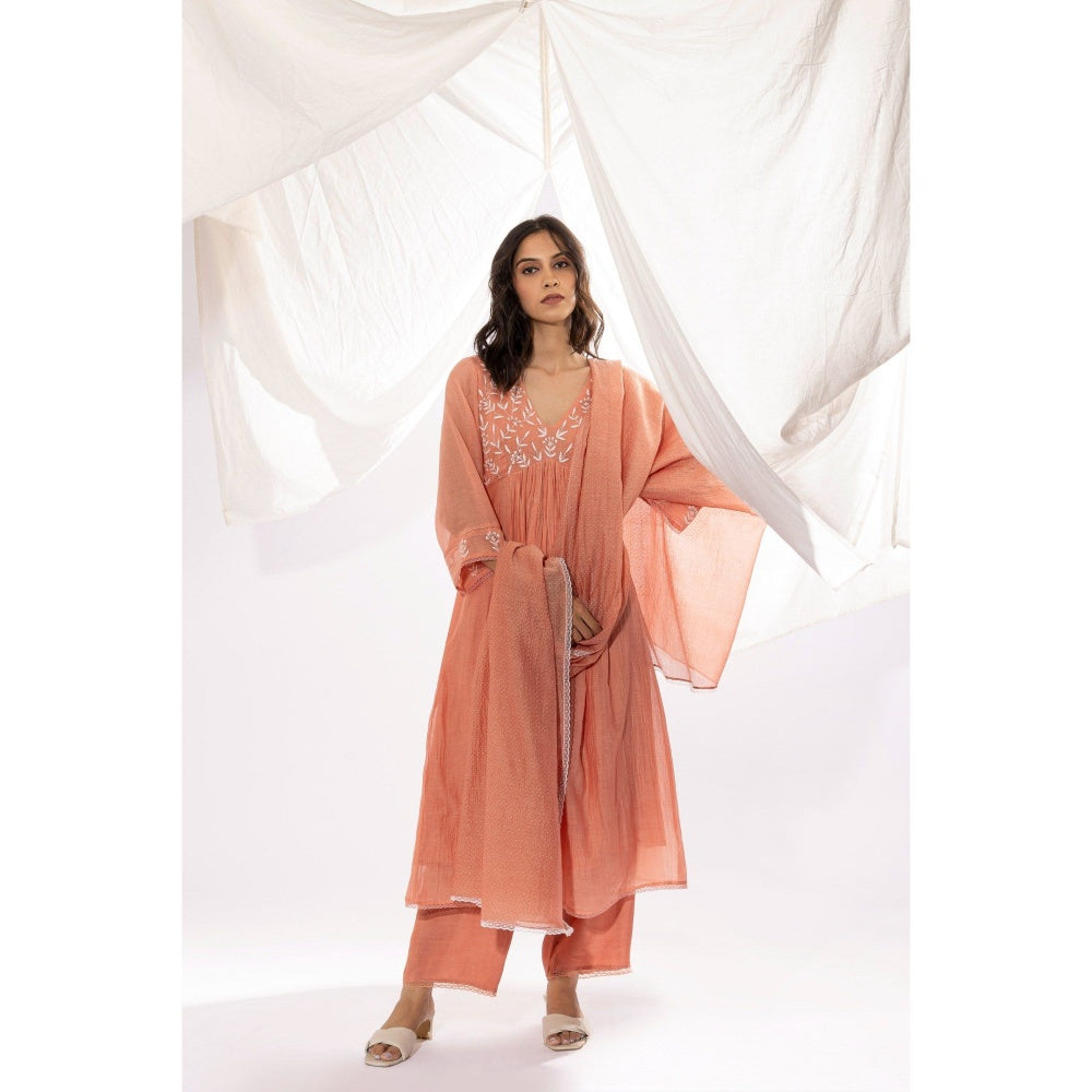 PANTS AND PAJAMAS Peach Chanderi Mull Chikan Kurta with Pant & Dupatta (Set of 3)