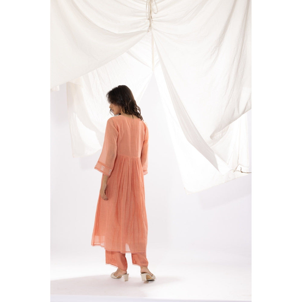 PANTS AND PAJAMAS Peach Chanderi Mull Chikan Kurta with Pant (Set of 2)
