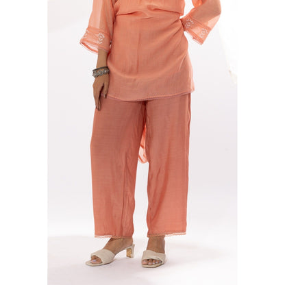 PANTS AND PAJAMAS Peach Chanderi Mull Chikan Kurta with Pant (Set of 2)