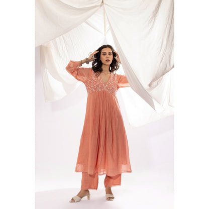 PANTS AND PAJAMAS Peach Chanderi Mull Chikan Kurta