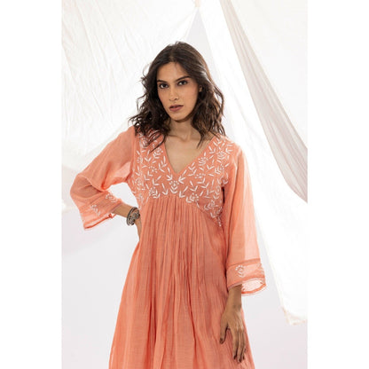 PANTS AND PAJAMAS Peach Chanderi Mull Chikan Kurta