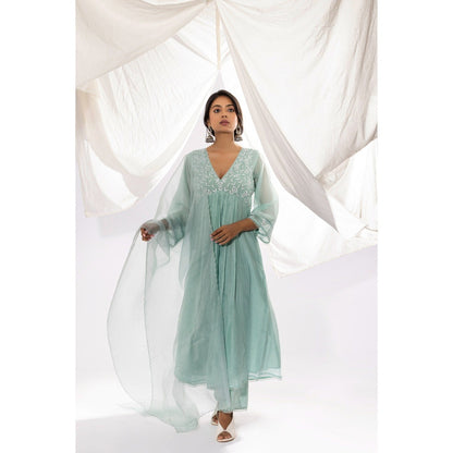 PANTS AND PAJAMAS Aqua Chanderi Mull Chikan Kurta with Pant & Dupatta (Set of 3)