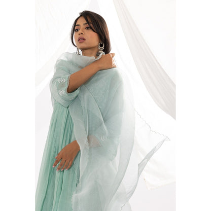 PANTS AND PAJAMAS Aqua Chanderi Mull Chikan Kurta with Pant & Dupatta (Set of 3)