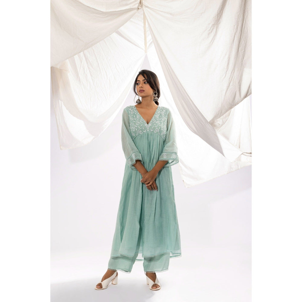 PANTS AND PAJAMAS Aqua Chanderi Mull Chikan Kurta with Pant (Set of 2)