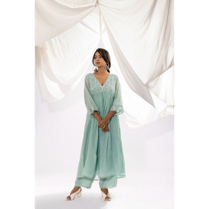PANTS AND PAJAMAS Aqua Chanderi Mull Chikan Kurta with Pant (Set of 2)