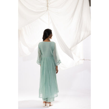 PANTS AND PAJAMAS Aqua Chanderi Mull Chikan Kurta with Pant (Set of 2)