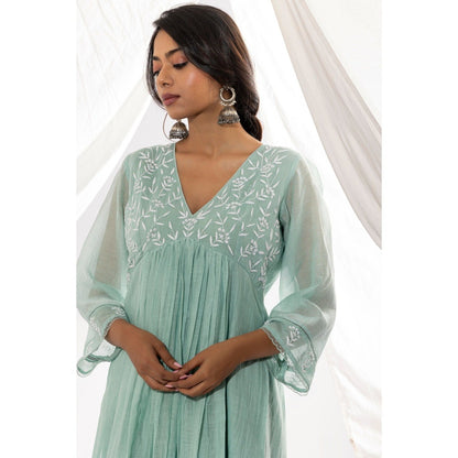 PANTS AND PAJAMAS Aqua Chanderi Mull Chikan Kurta with Pant (Set of 2)
