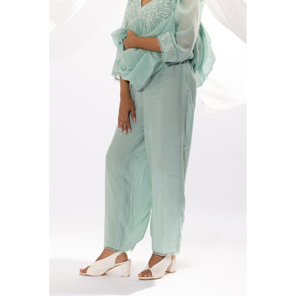 PANTS AND PAJAMAS Aqua Chanderi Mull Chikan Kurta with Pant (Set of 2)