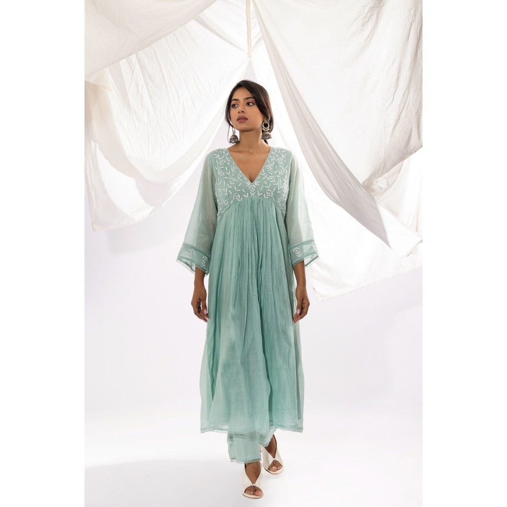 PANTS AND PAJAMAS Aqua Chanderi Mull Chikan Kurta