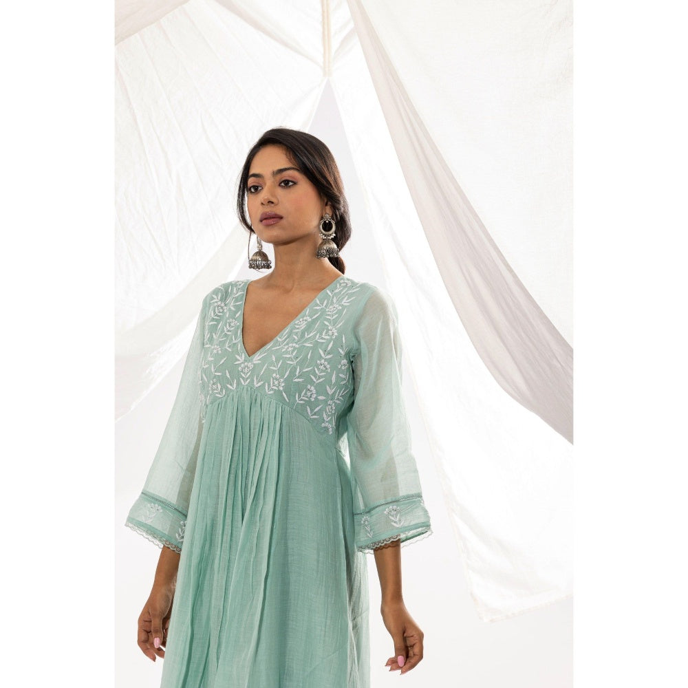 PANTS AND PAJAMAS Aqua Chanderi Mull Chikan Kurta