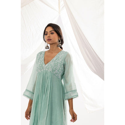 PANTS AND PAJAMAS Aqua Chanderi Mull Chikan Kurta