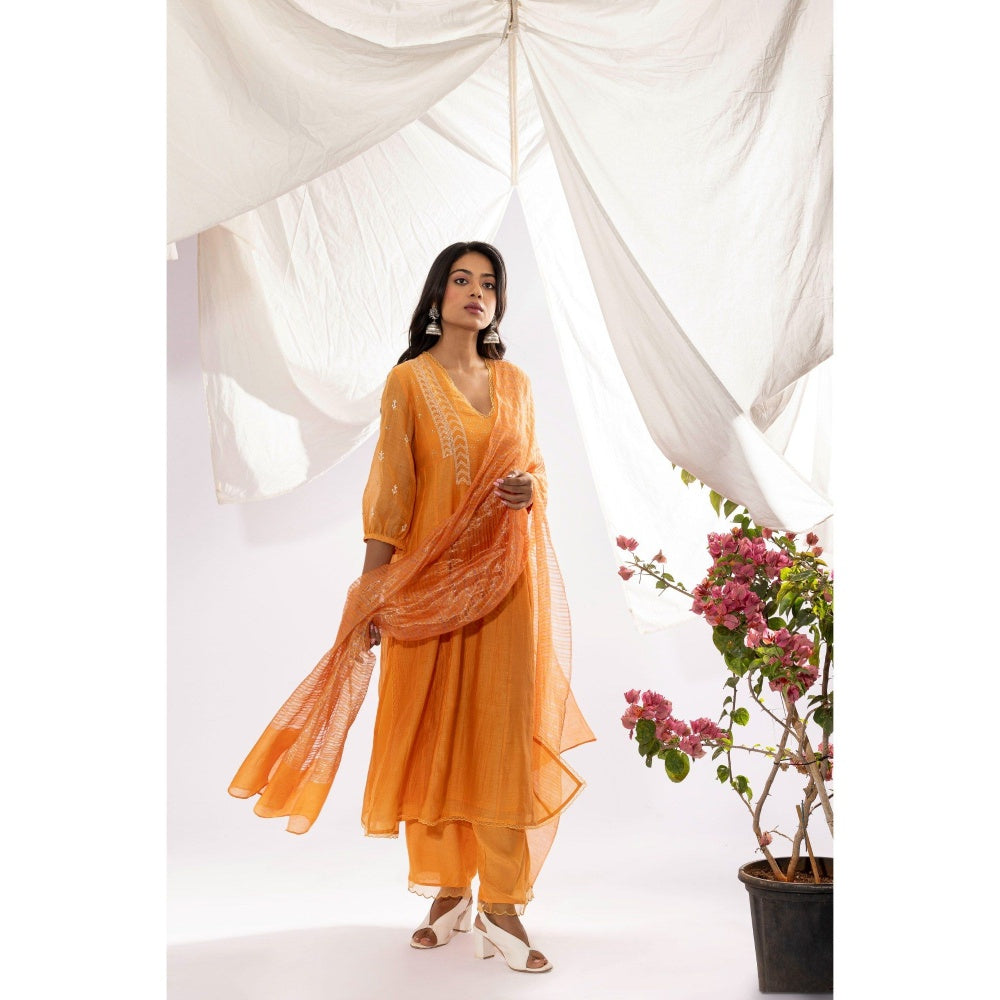 PANTS AND PAJAMAS Orange Chanderi Mull Chikan Kurta with Pant & Dupatta (Set of 3)