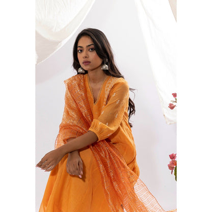 PANTS AND PAJAMAS Orange Chanderi Mull Chikan Kurta with Pant & Dupatta (Set of 3)