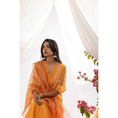 PANTS AND PAJAMAS Orange Chanderi Mull Chikan Kurta with Pant & Dupatta (Set of 3)