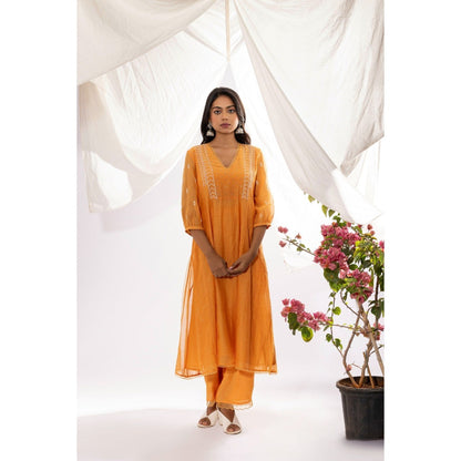 PANTS AND PAJAMAS Orange Chanderi Mull Chikan Kurta with Pant & Dupatta (Set of 3)