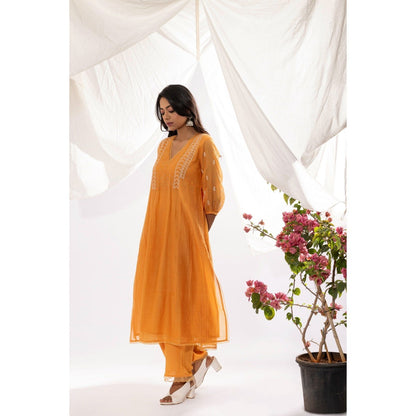 PANTS AND PAJAMAS Orange Chanderi Mull Chikan Kurta with Pant (Set of 2)