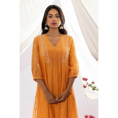 PANTS AND PAJAMAS Orange Chanderi Mull Chikan Kurta