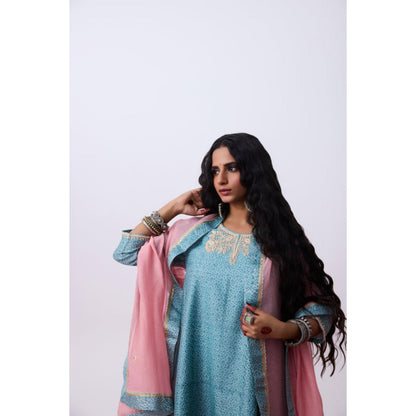 Pant AND PAJAMAS Women Cotton Silk Blue Kurta with Pant and Dupatta