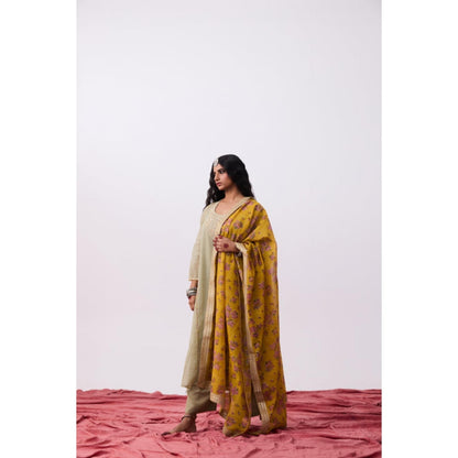 Pant AND PAJAMAS Women Cotton Silk Beige Kurta with Pant and Dupatta