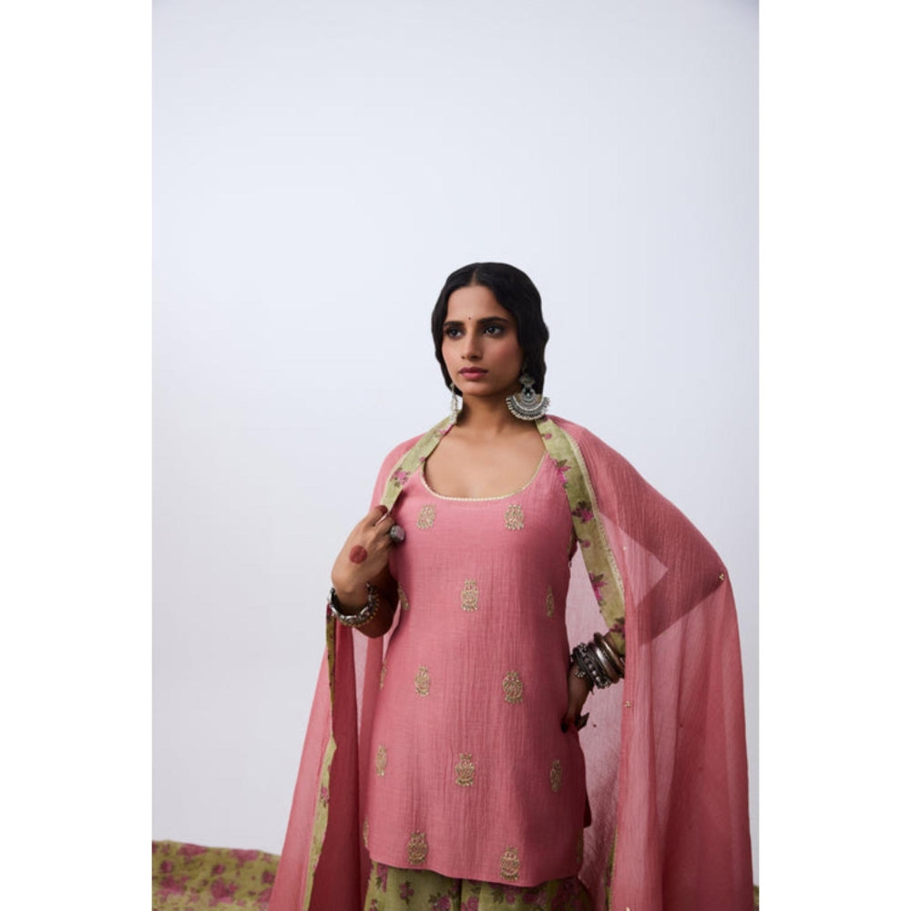 Pant AND PAJAMAS Women Chanderi Pink Kurta with Sharara and Dupatta