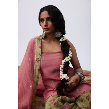 Pant AND PAJAMAS Women Chanderi Pink Kurta with Sharara and Dupatta