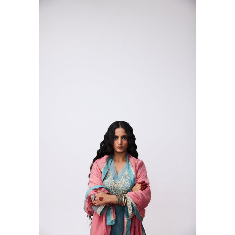 Pant AND PAJAMAS Women Cotton Silk Blue Kurta with Pant