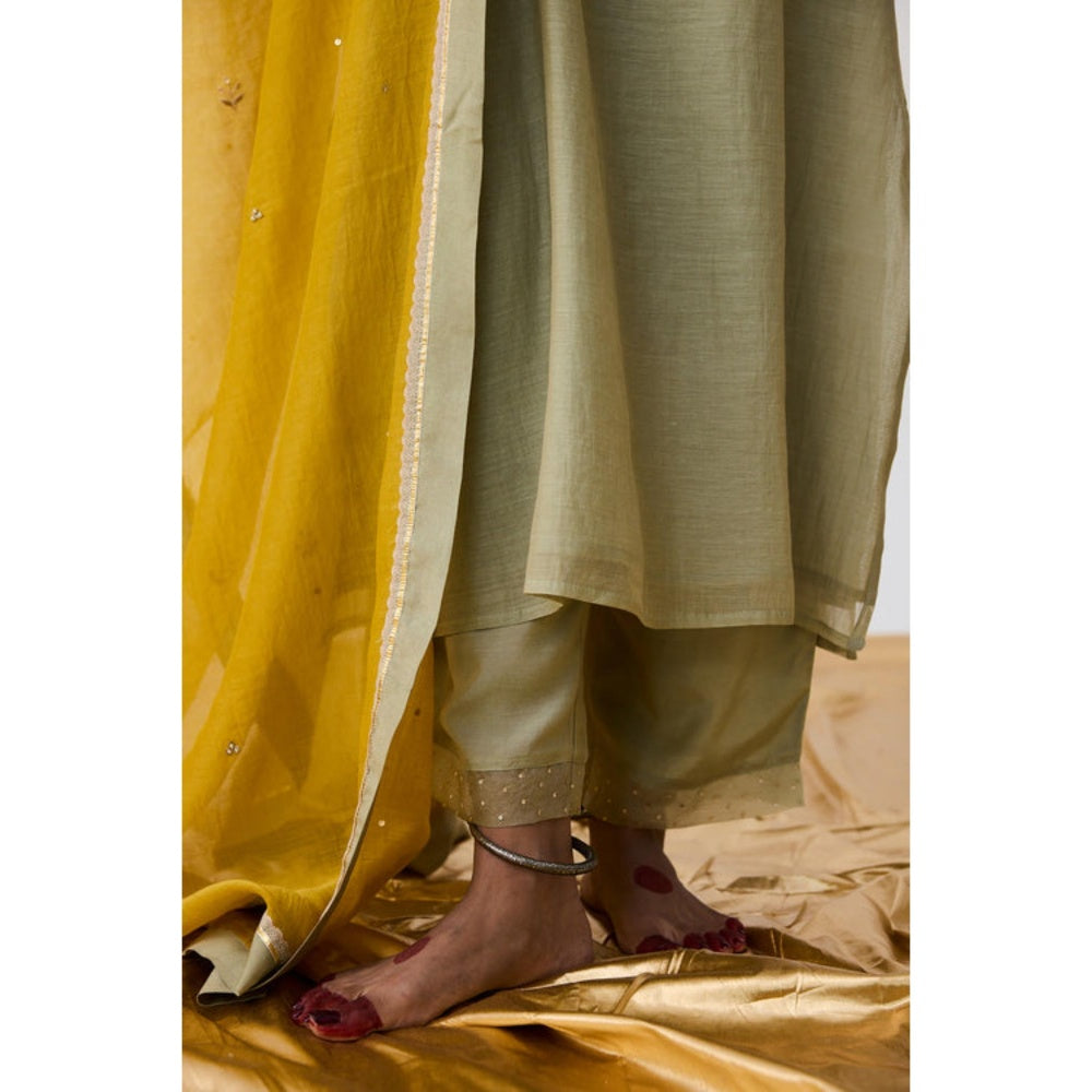 Pant AND PAJAMAS Women Cotton Silk Green Kurta with Pant and Dupatta