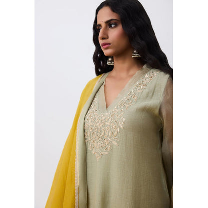 Pant AND PAJAMAS Women Cotton Silk Green Kurta with Pant and Dupatta