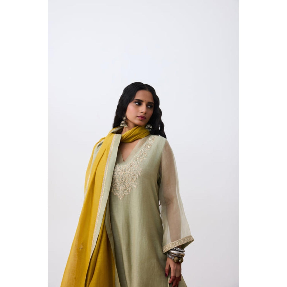 Pant AND PAJAMAS Women Cotton Silk Green Kurta with Pant and Dupatta