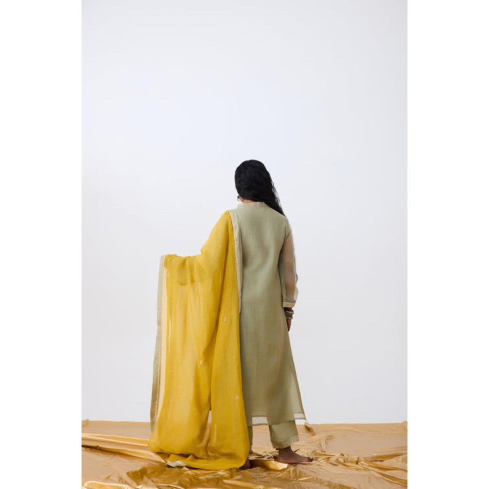 Pant AND PAJAMAS Women Cotton Silk Green Kurta with Pant